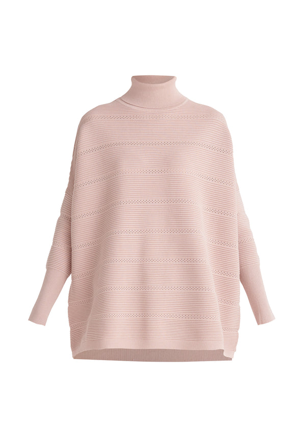 Paisie Roll Neck Ribbed Jumper with Crochet Detail in Pink Cut Out