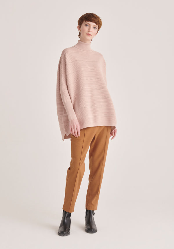 Paisie Roll Neck Ribbed Jumper with Crochet Detail in Pink