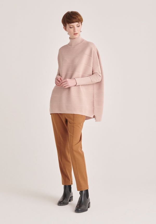 Paisie Roll Neck Ribbed Jumper with Crochet Detail in Pink