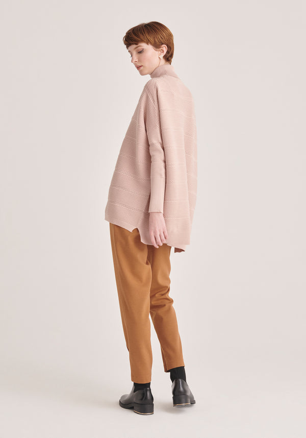 Paisie Roll Neck Ribbed Jumper with Crochet Detail in Pink Back
