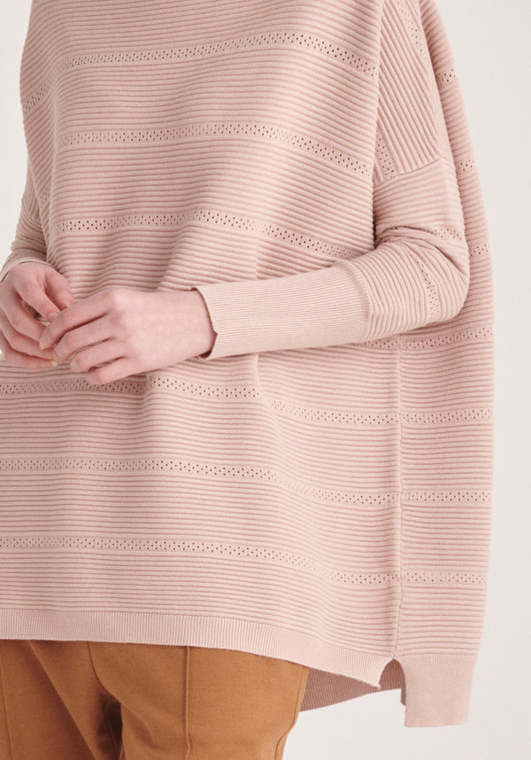 Paisie Roll Neck Ribbed Jumper with Crochet Detail in Pink Close Up
