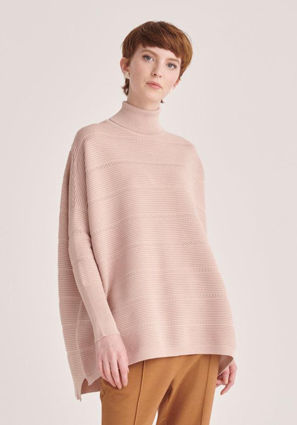 Paisie Roll Neck Ribbed Jumper with Crochet Detail in Pink