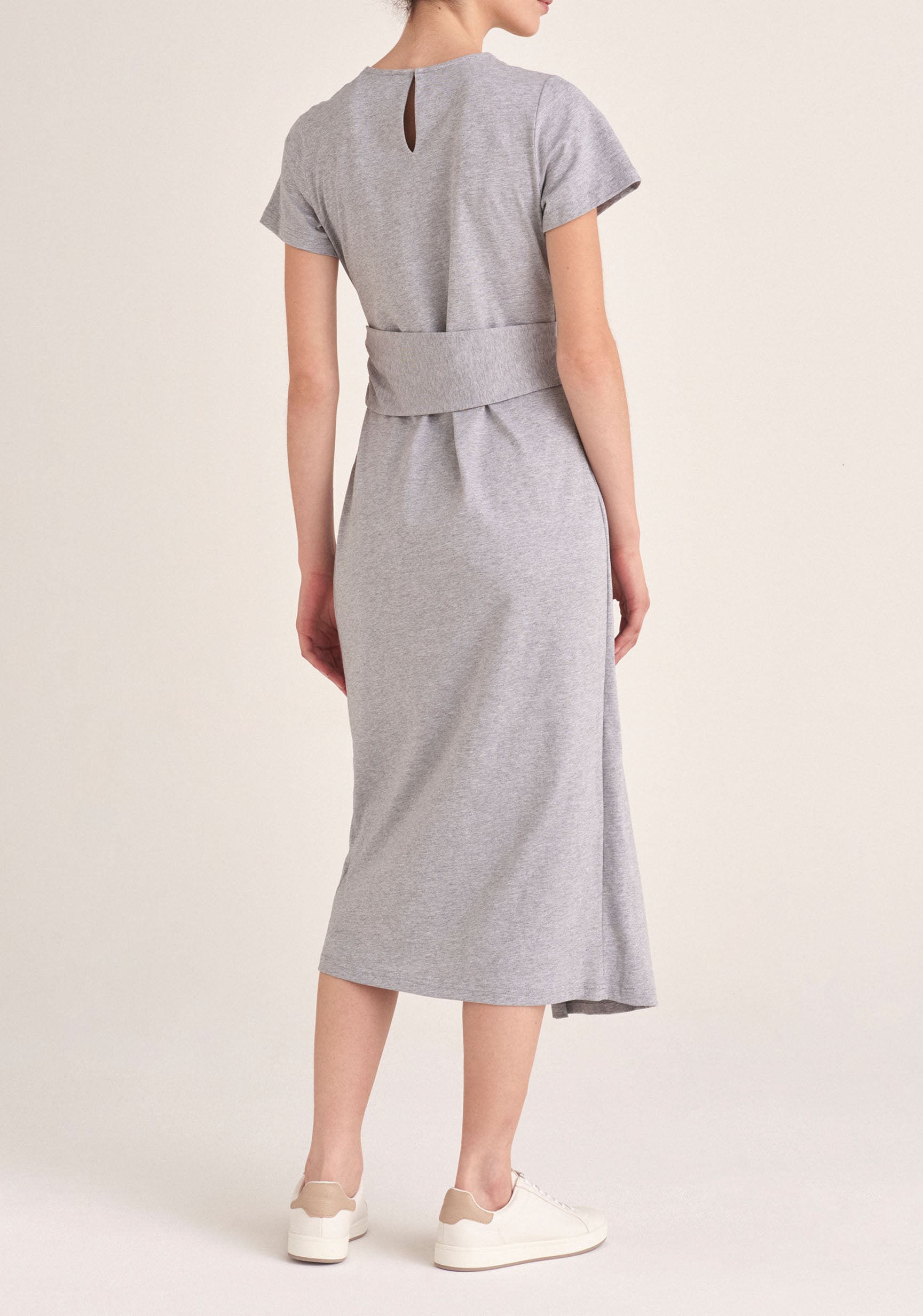 Paisie Midi Cotton Jersey Twist Dress in Light Grey Back