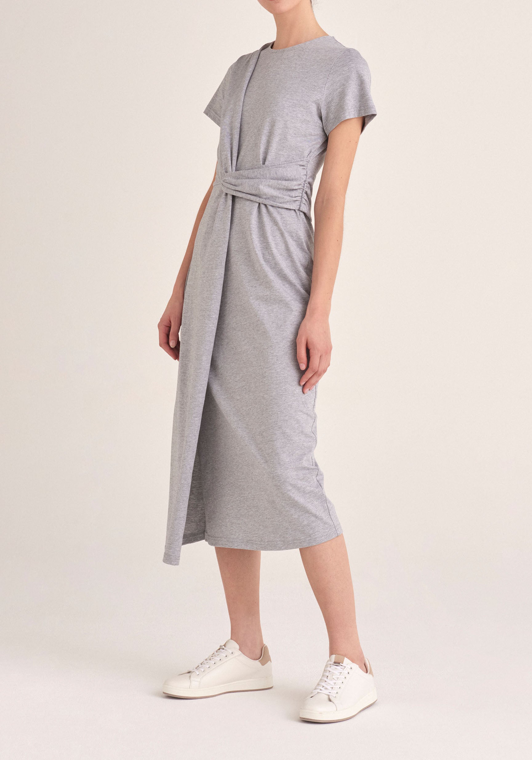 Paisie Midi Cotton Jersey Twist Dress in Light Grey