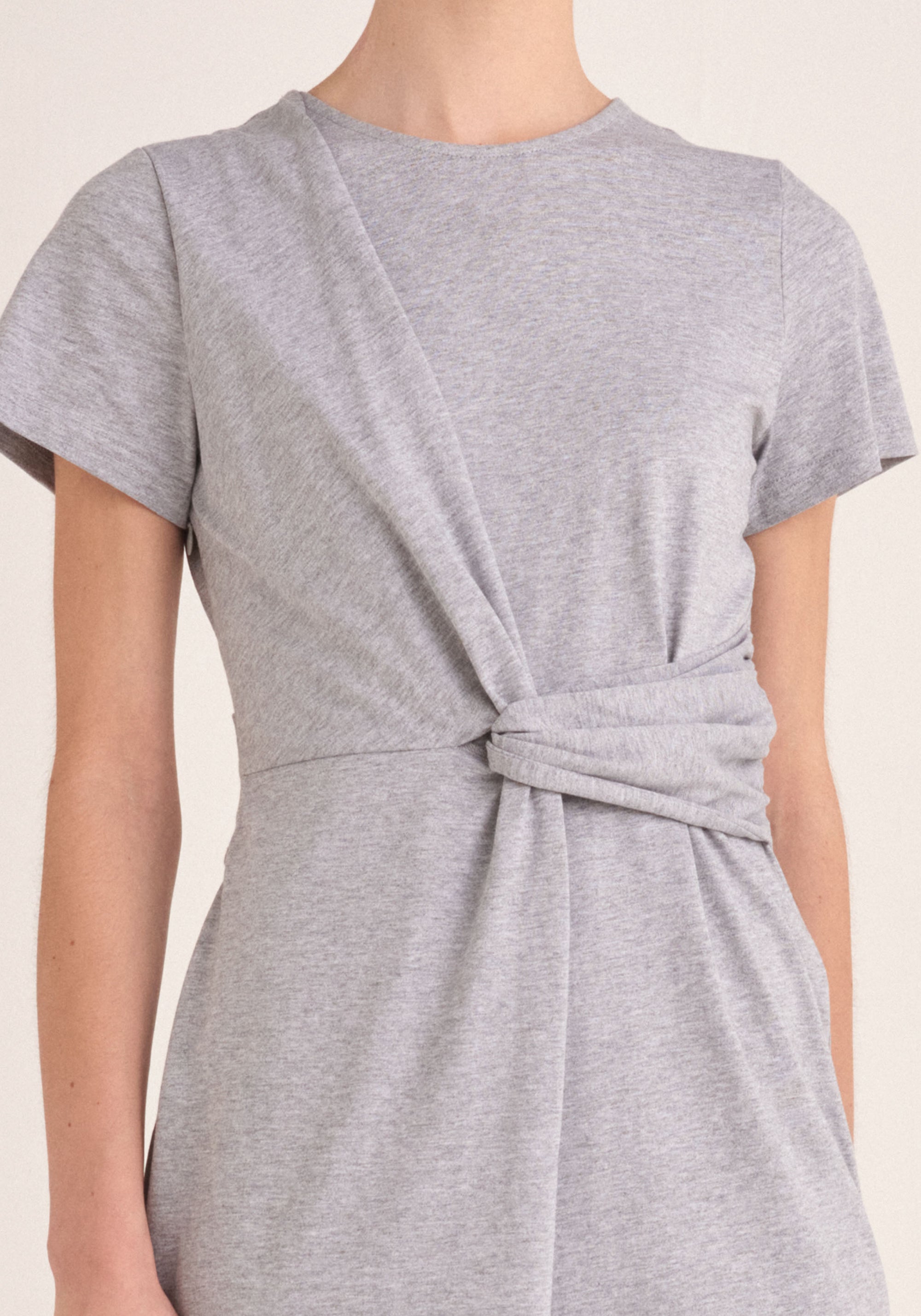 Paisie Midi Cotton Jersey Twist Dress in Light Grey Close Up