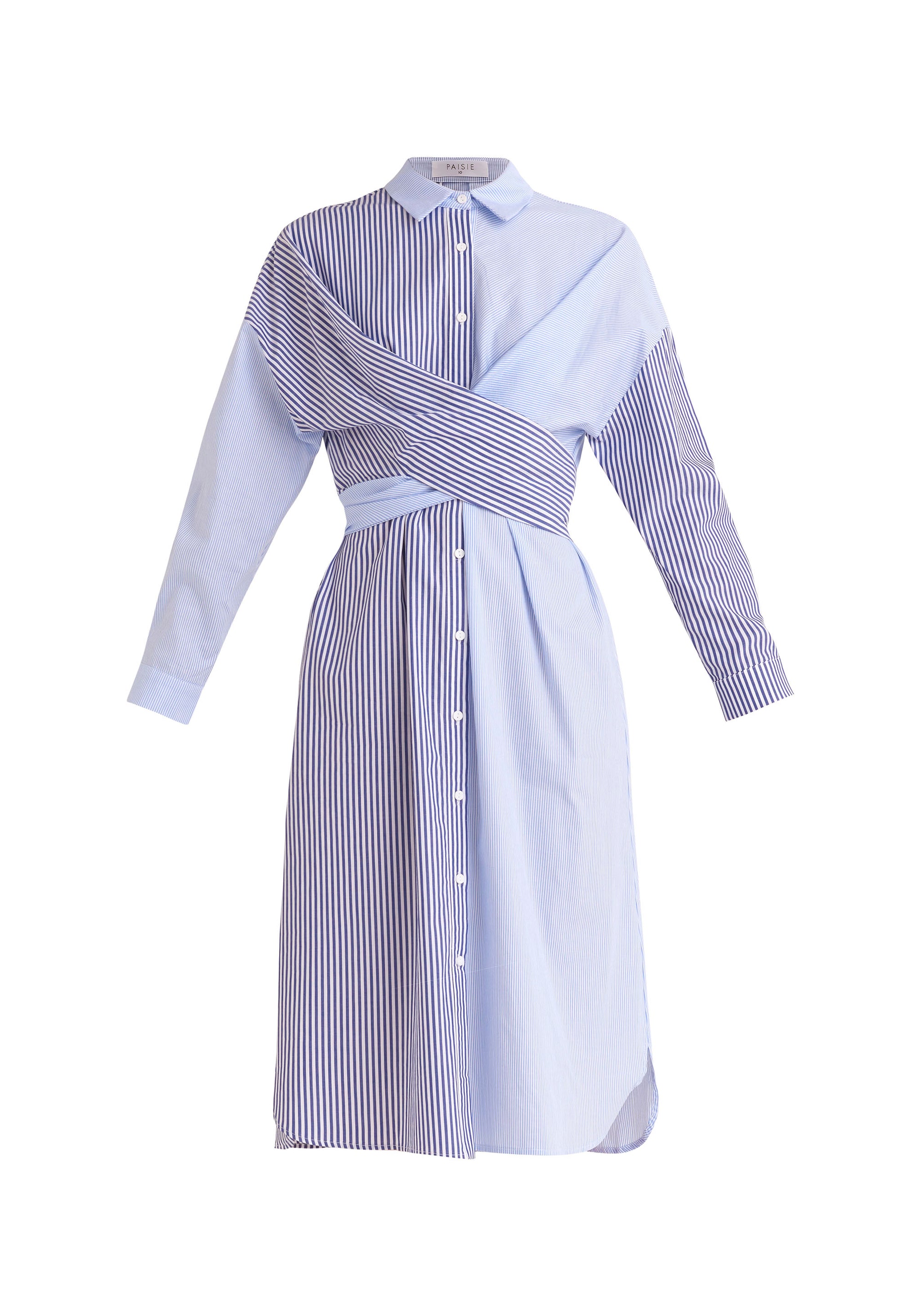 Paisie Contrast Stripe Wrap Shirt Dress in Blue and White Cut Out