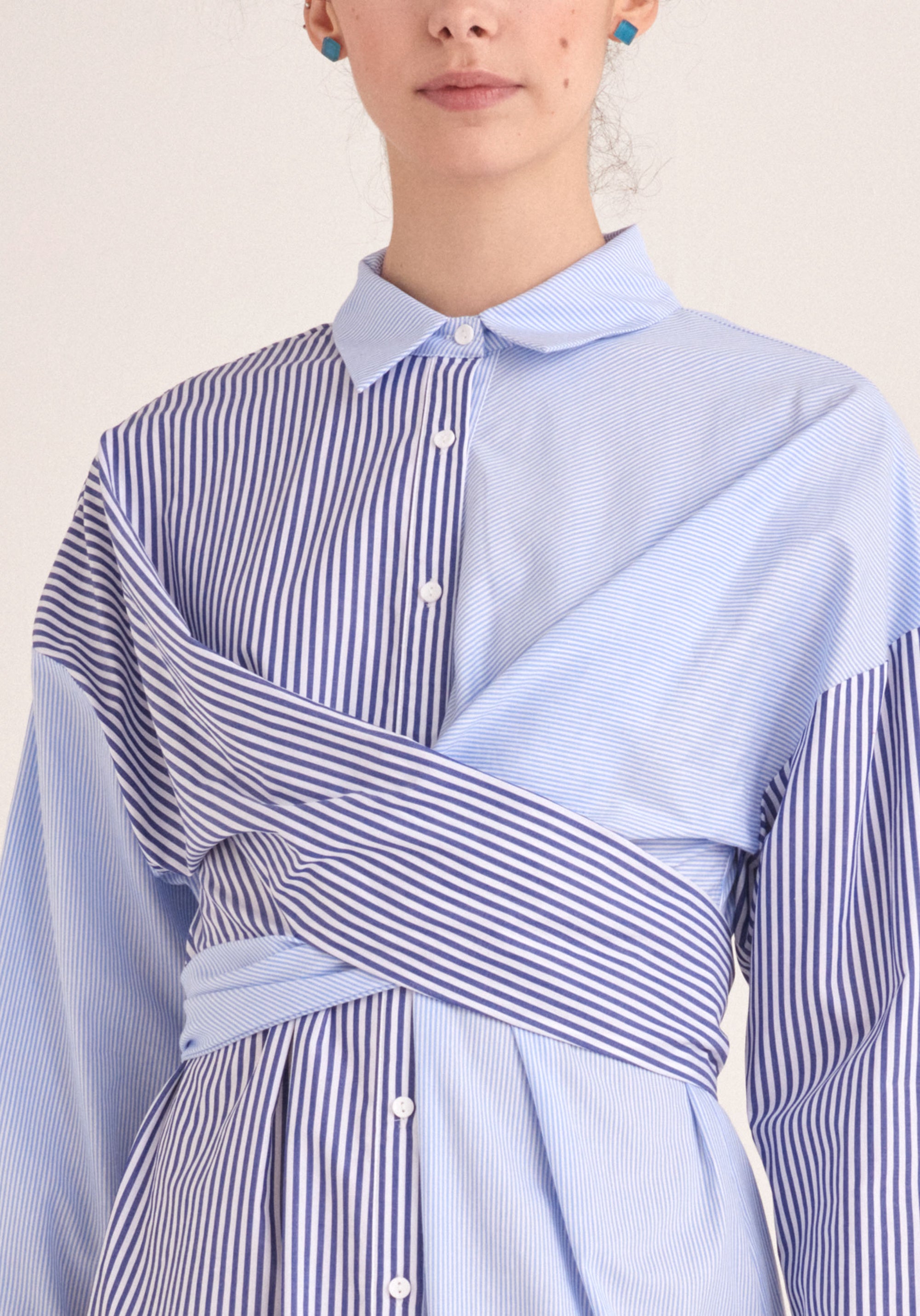 Paisie Contrast Stripe Wrap Shirt Dress in Blue and White Close Up