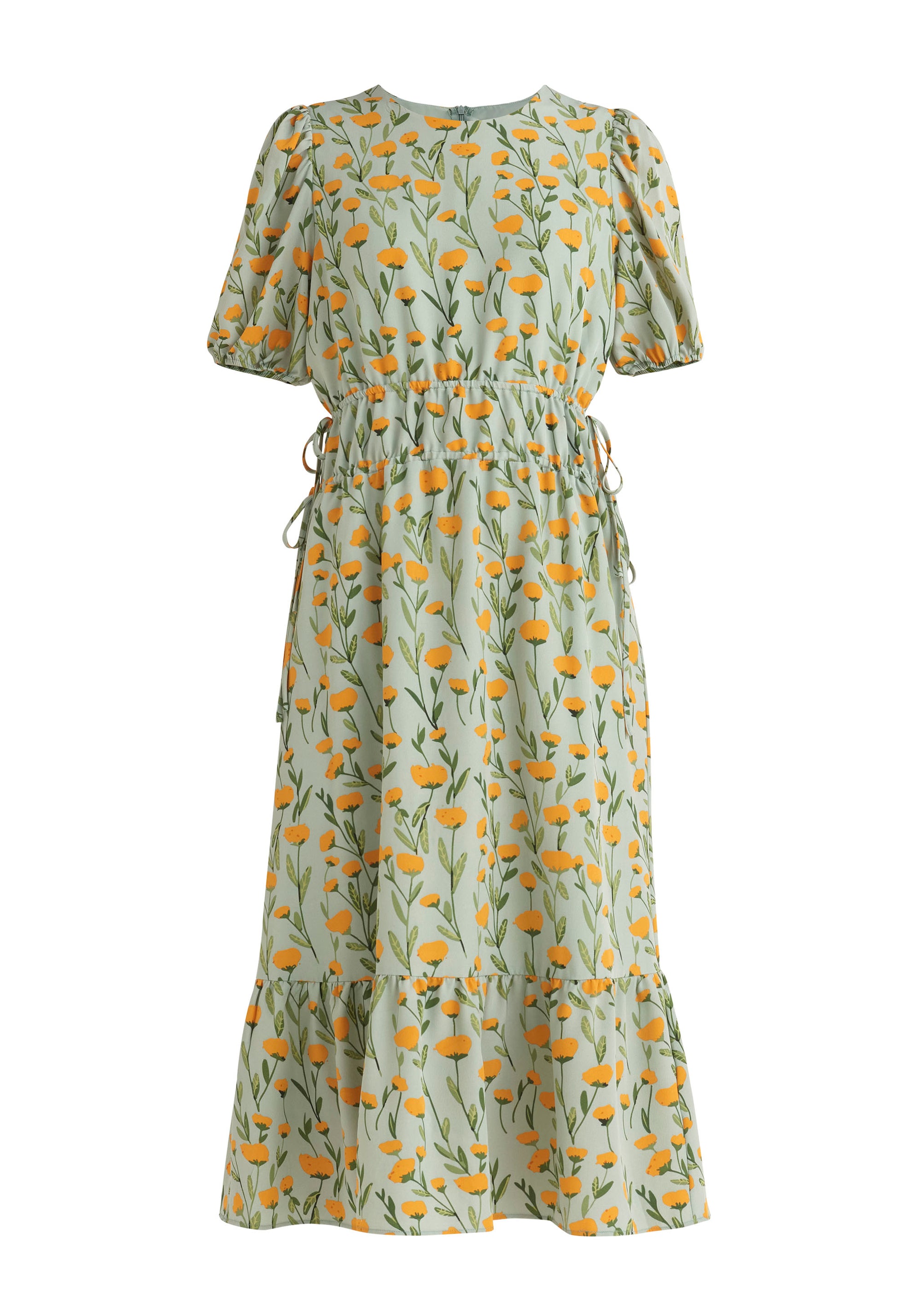Paisie Floral Midi Dress with Drawstrings in Green Cut Out
