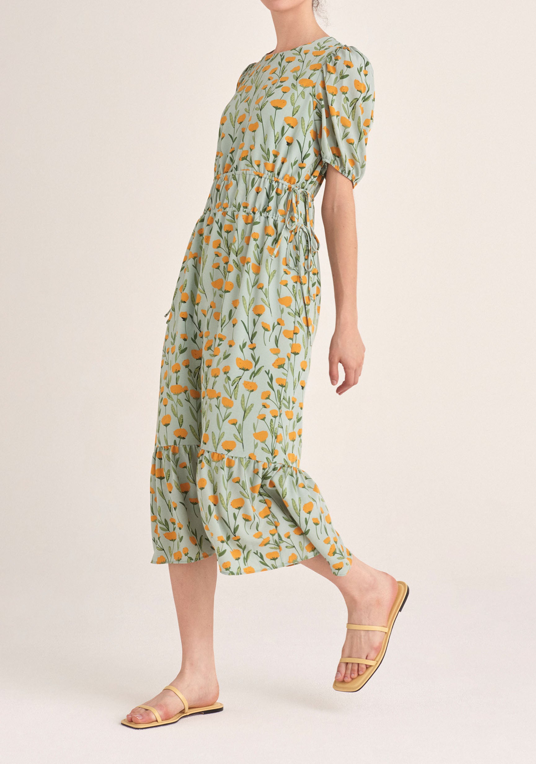 Paisie Floral Midi Dress with Drawstrings in Green