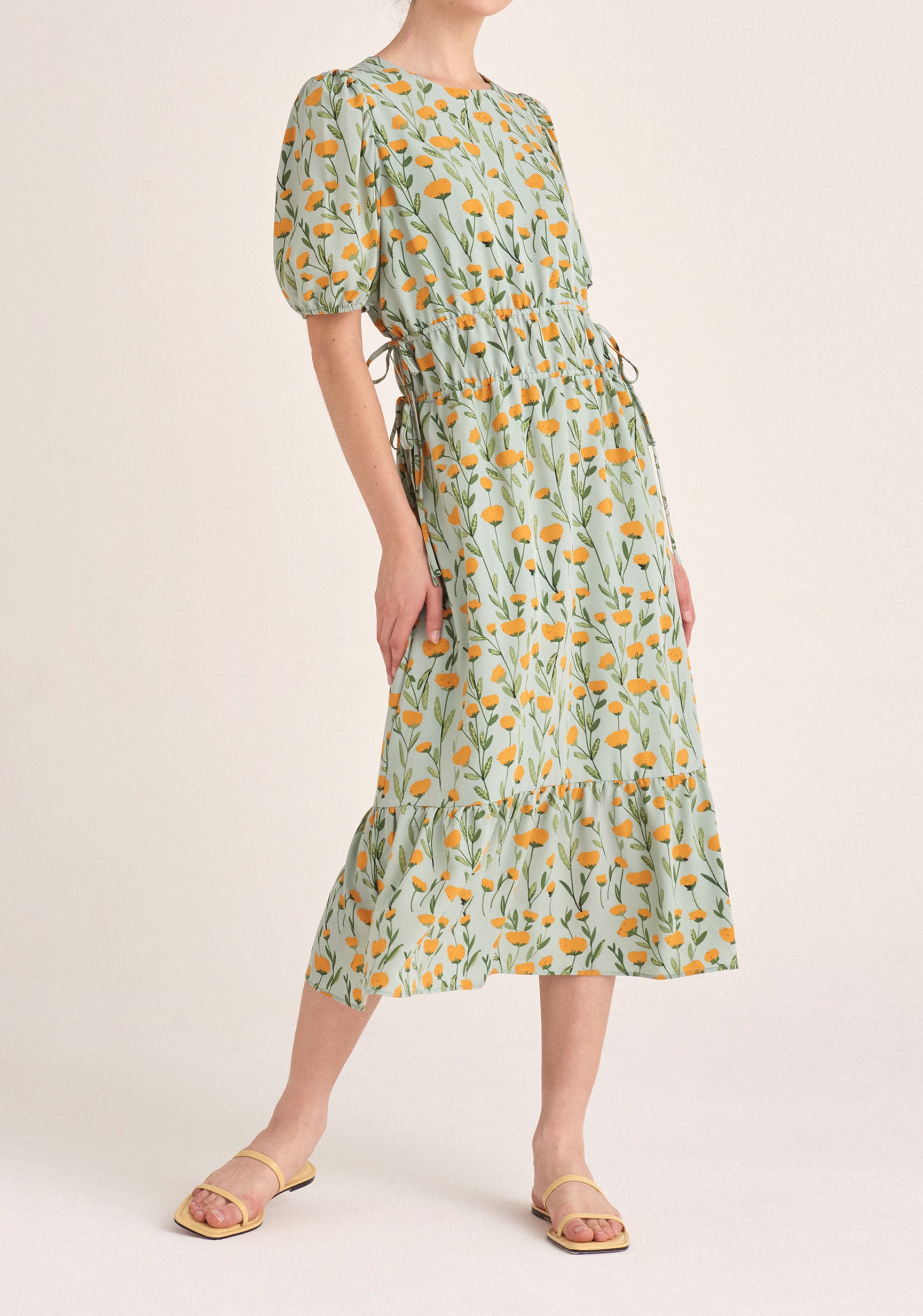 Paisie Floral Midi Dress with Drawstrings in Green