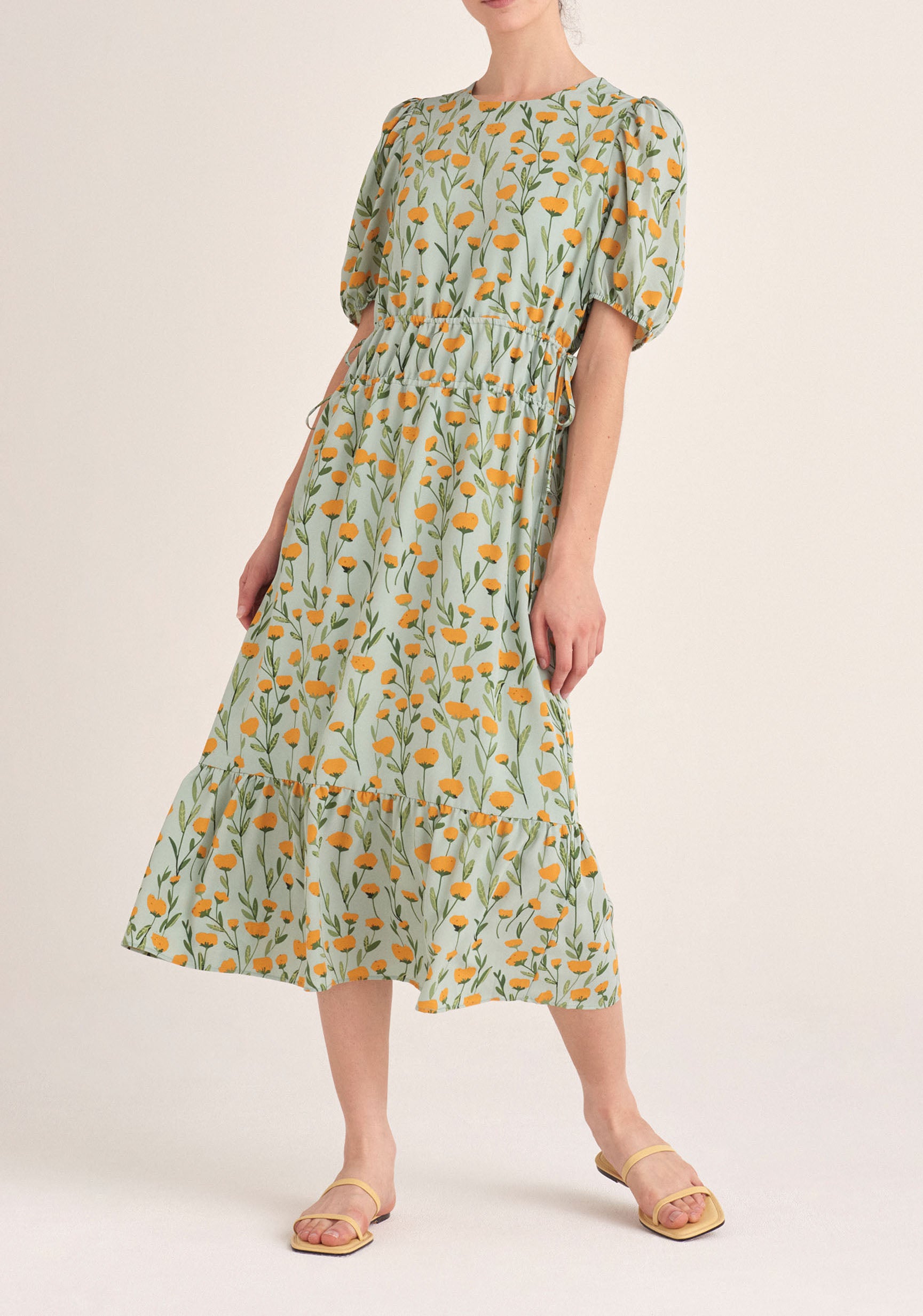 Paisie Floral Midi Dress with Drawstrings in Green