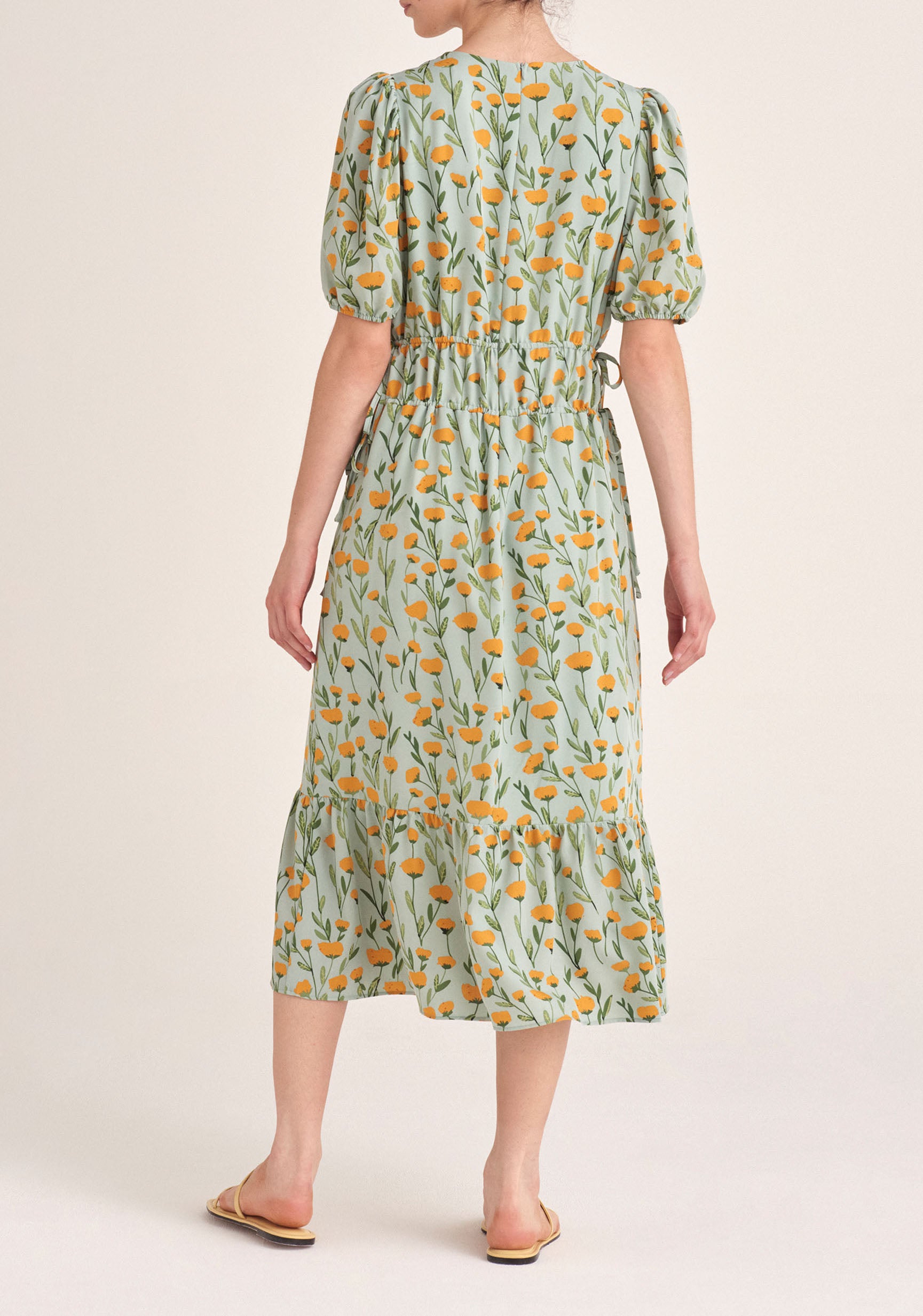 Paisie Floral Midi Dress with Drawstrings in Green Back