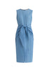 Paisie Midi Waist Tie Denim Dress with Front Split in Light Blue Cut Out