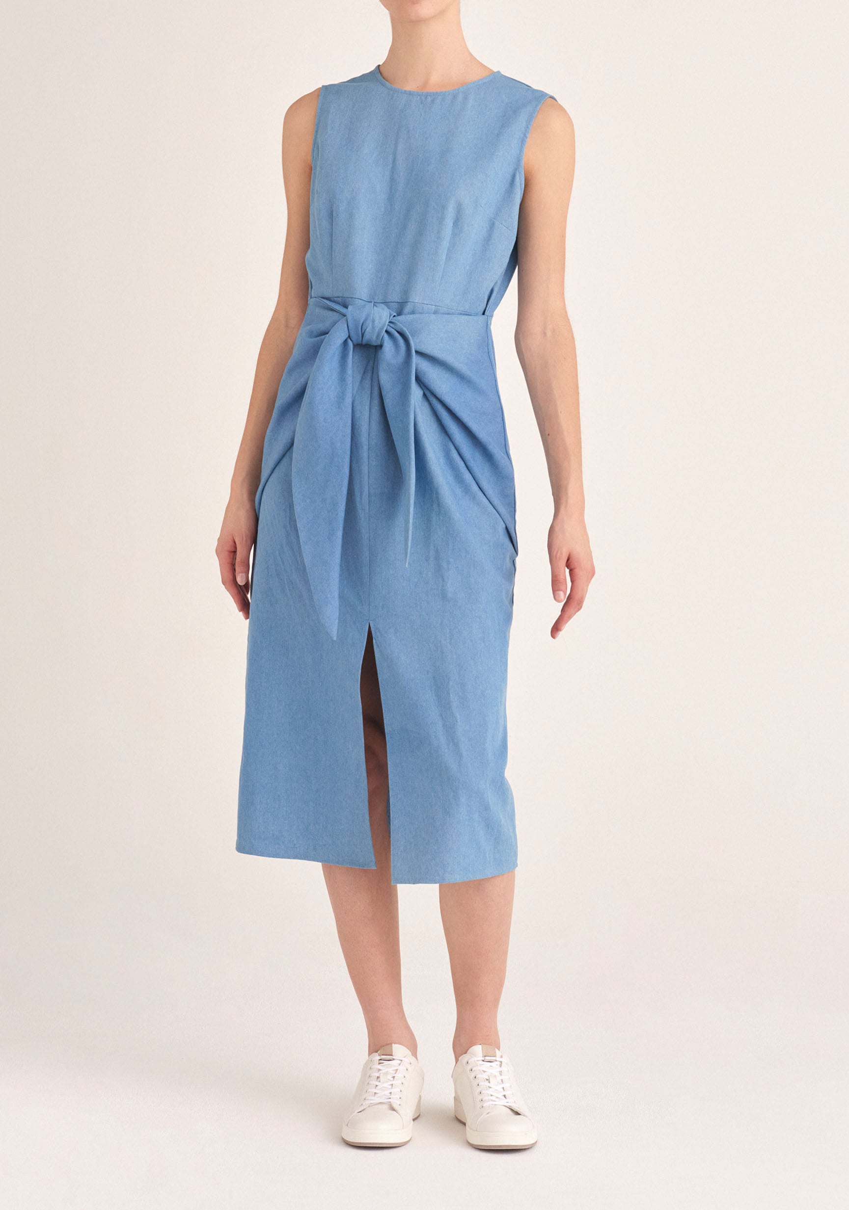 Paisie Midi Waist Tie Denim Dress with Front Split in Light Blue