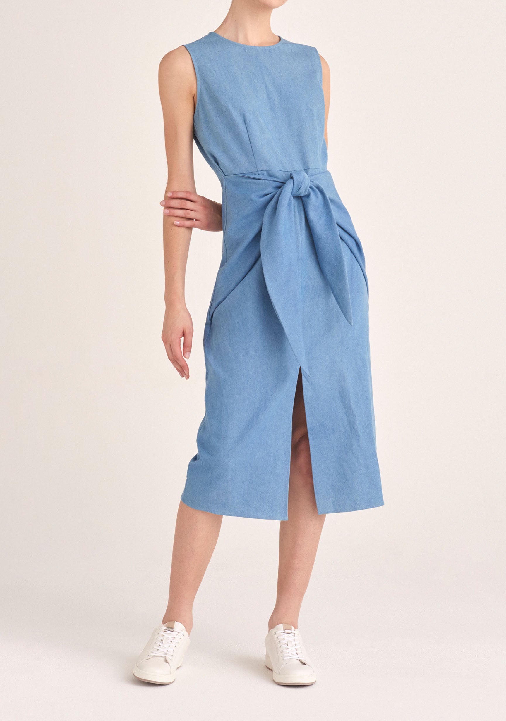 Paisie Midi Waist Tie Denim Dress with Front Split in Light Blue