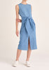 Paisie Midi Waist Tie Denim Dress with Front Split in Light Blue
