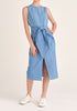 Paisie Midi Waist Tie Denim Dress with Front Split in Light Blue