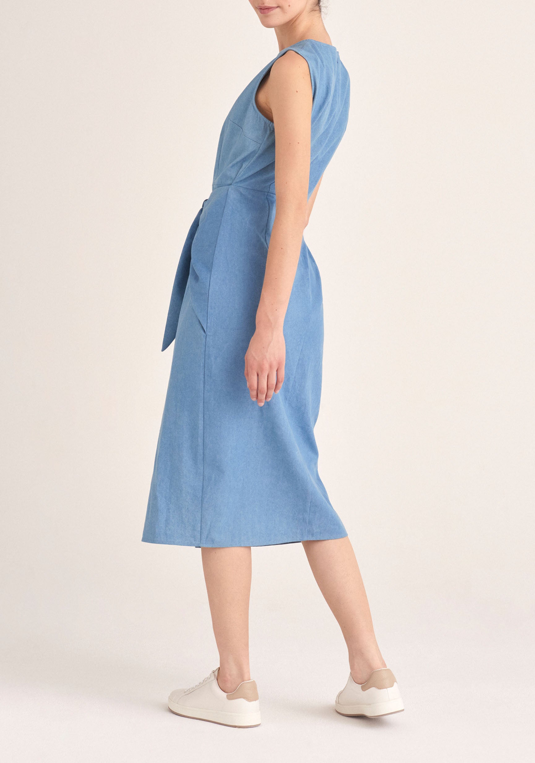 Paisie Midi Waist Tie Denim Dress with Front Split in Light Blue Back