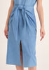 Paisie Midi Waist Tie Denim Dress with Front Split in Light Blue Close Up