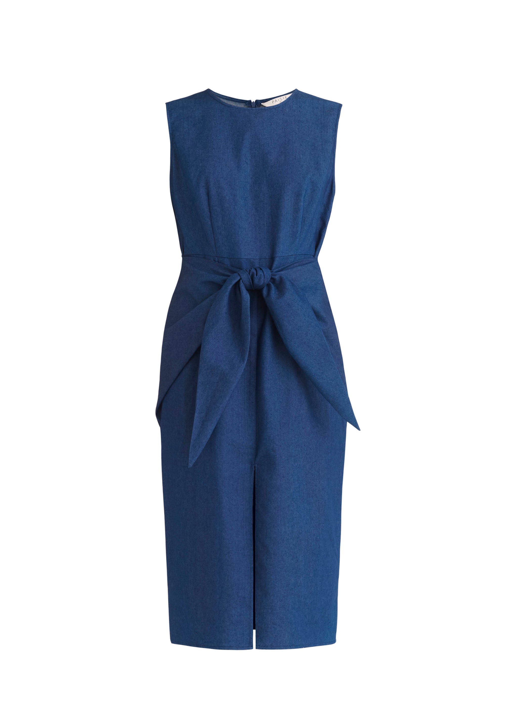Paisie Midi Waist Tie Denim Dress with Front Split in Blue Cut Out