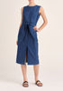 Paisie Midi Waist Tie Denim Dress with Front Split in Blue
