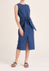 Paisie Midi Waist Tie Denim Dress with Front Split in Blue
