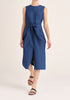 Paisie Midi Waist Tie Denim Dress with Front Split in Blue