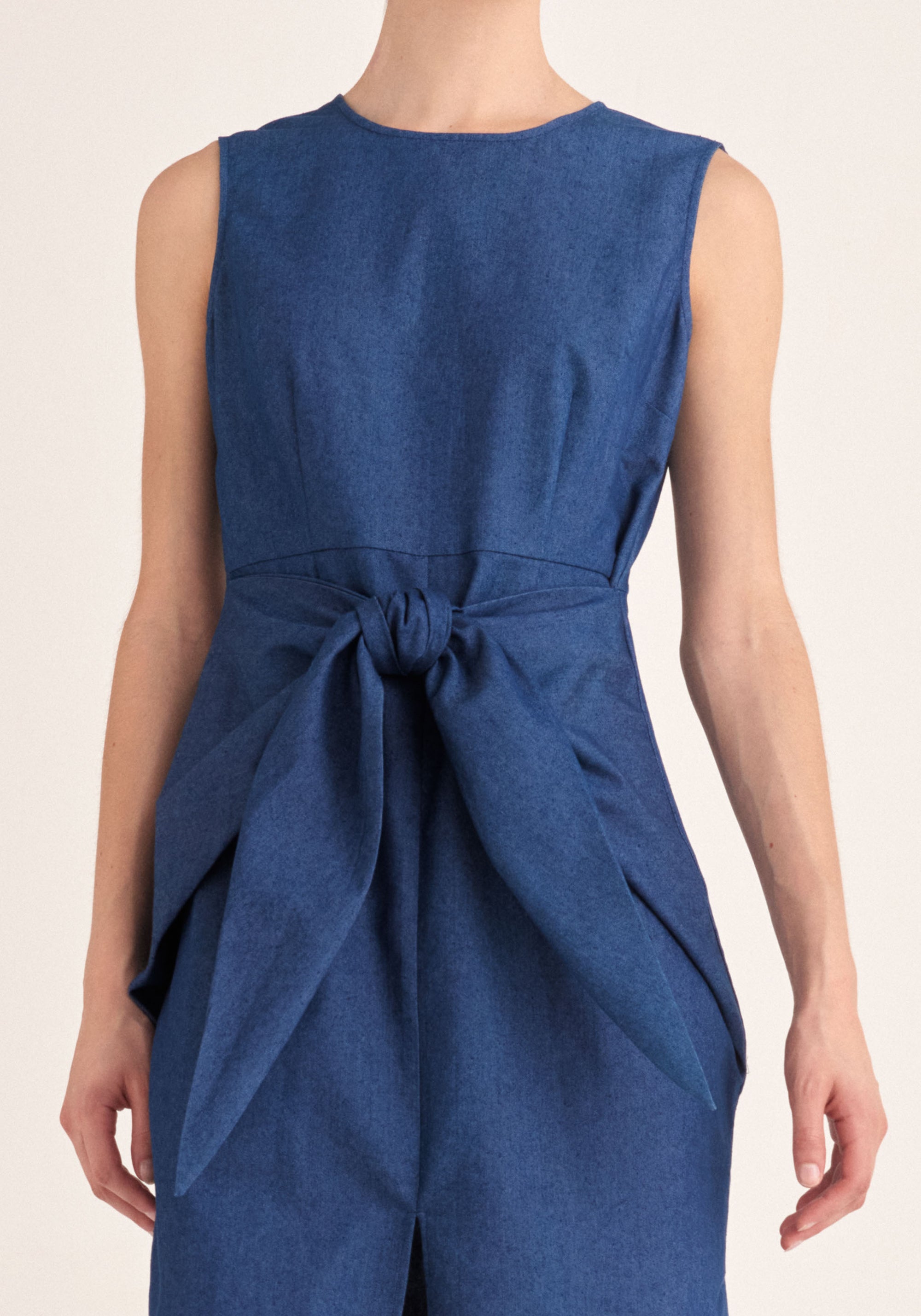 Paisie Midi Waist Tie Denim Dress with Front Split in Blue Close Up
