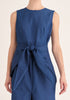 Paisie Midi Waist Tie Denim Dress with Front Split in Blue Close Up