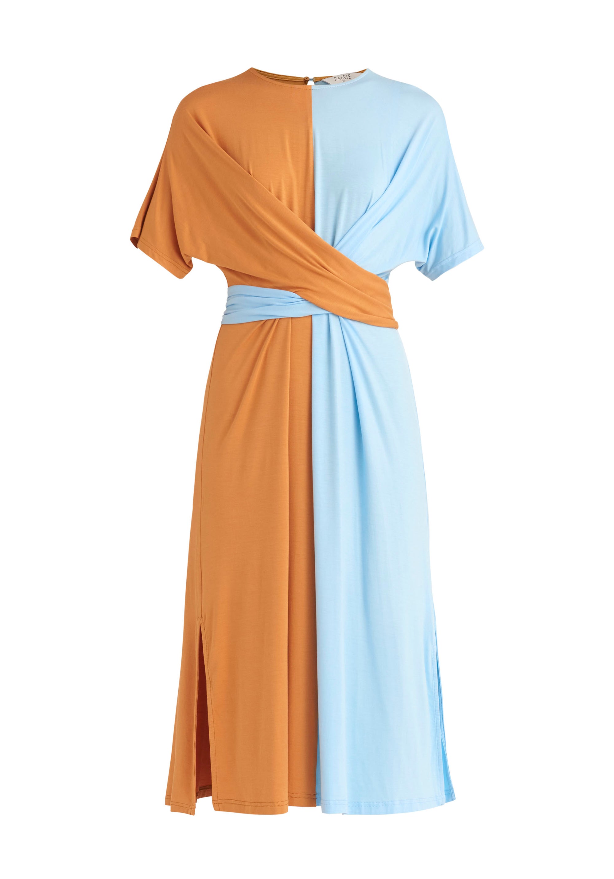Paisie Two-Tone Wrap Top Dress in Tan and Light Blue Cut Out