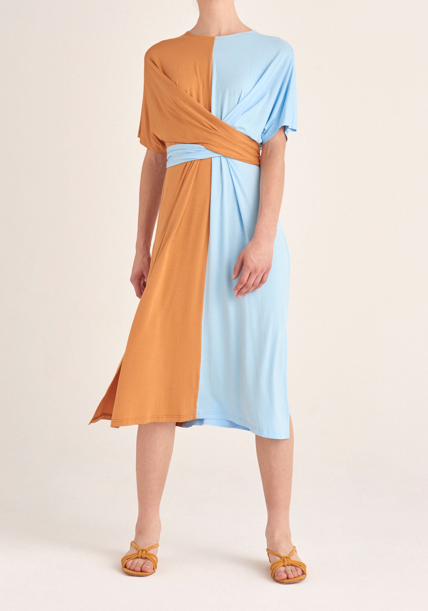 Paisie Two-Tone Wrap Top Dress in Tan and Light Blue