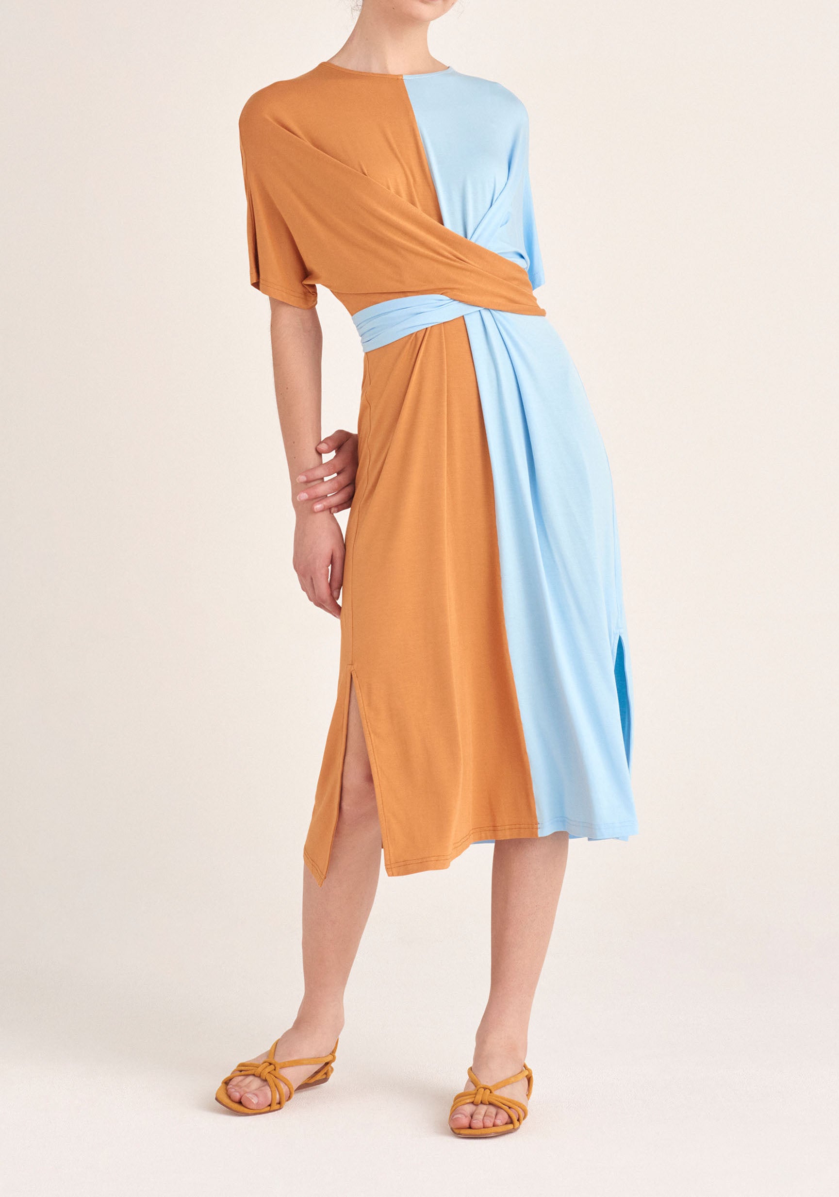 Paisie Two-Tone Wrap Top Dress in Tan and Light Blue