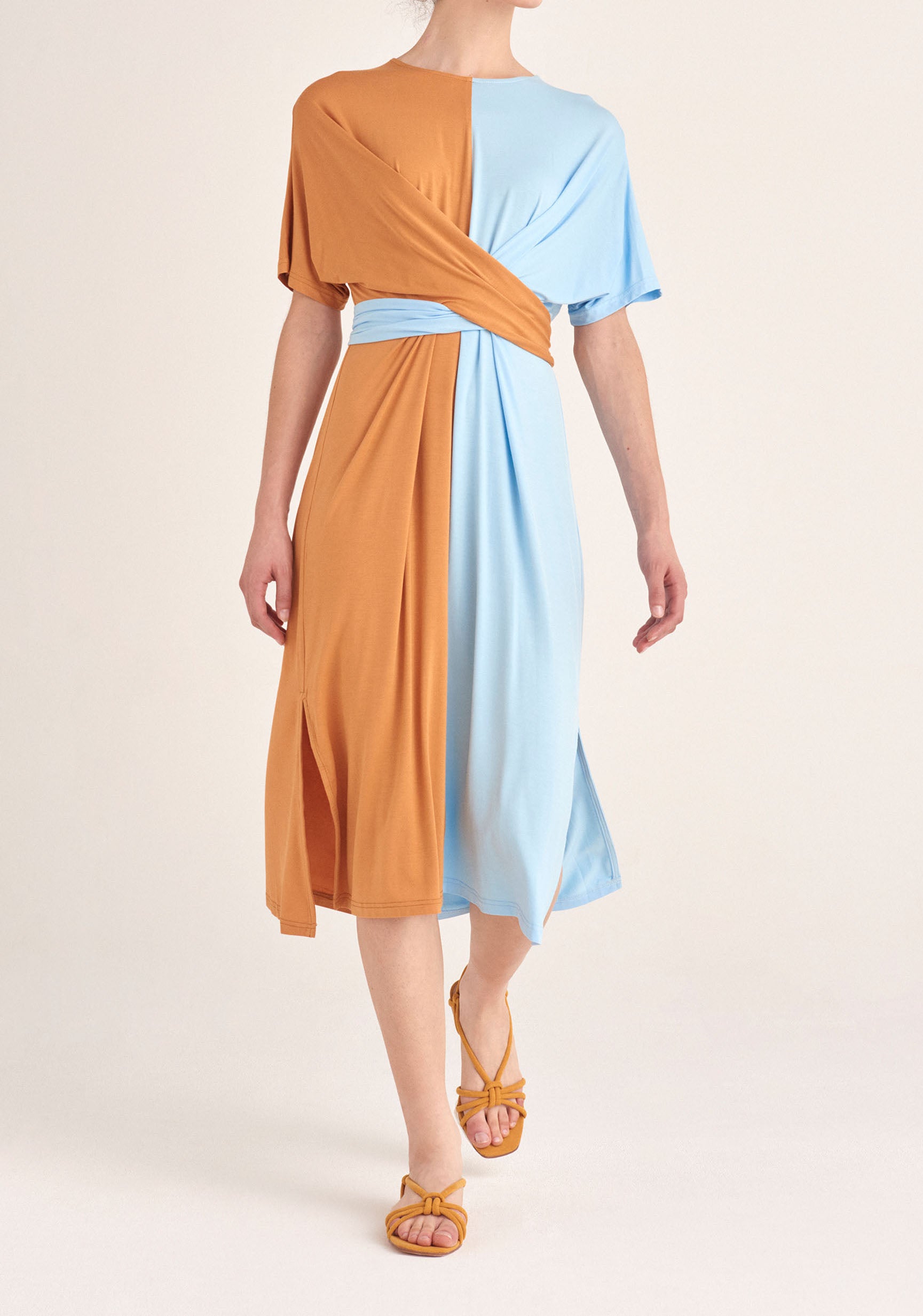 Paisie Two-Tone Wrap Top Dress in Tan and Light Blue