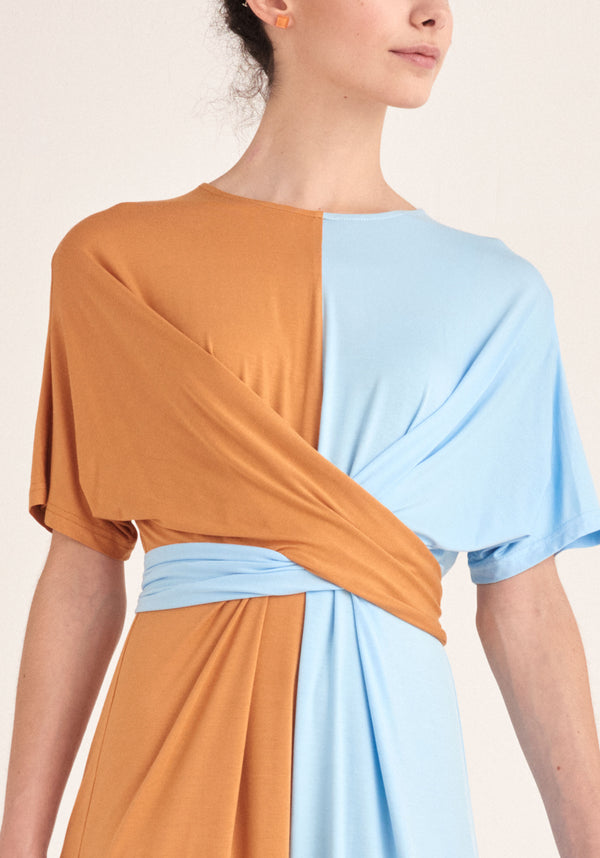 Paisie Two-Tone Wrap Top Dress in Tan and Light Blue Close Up