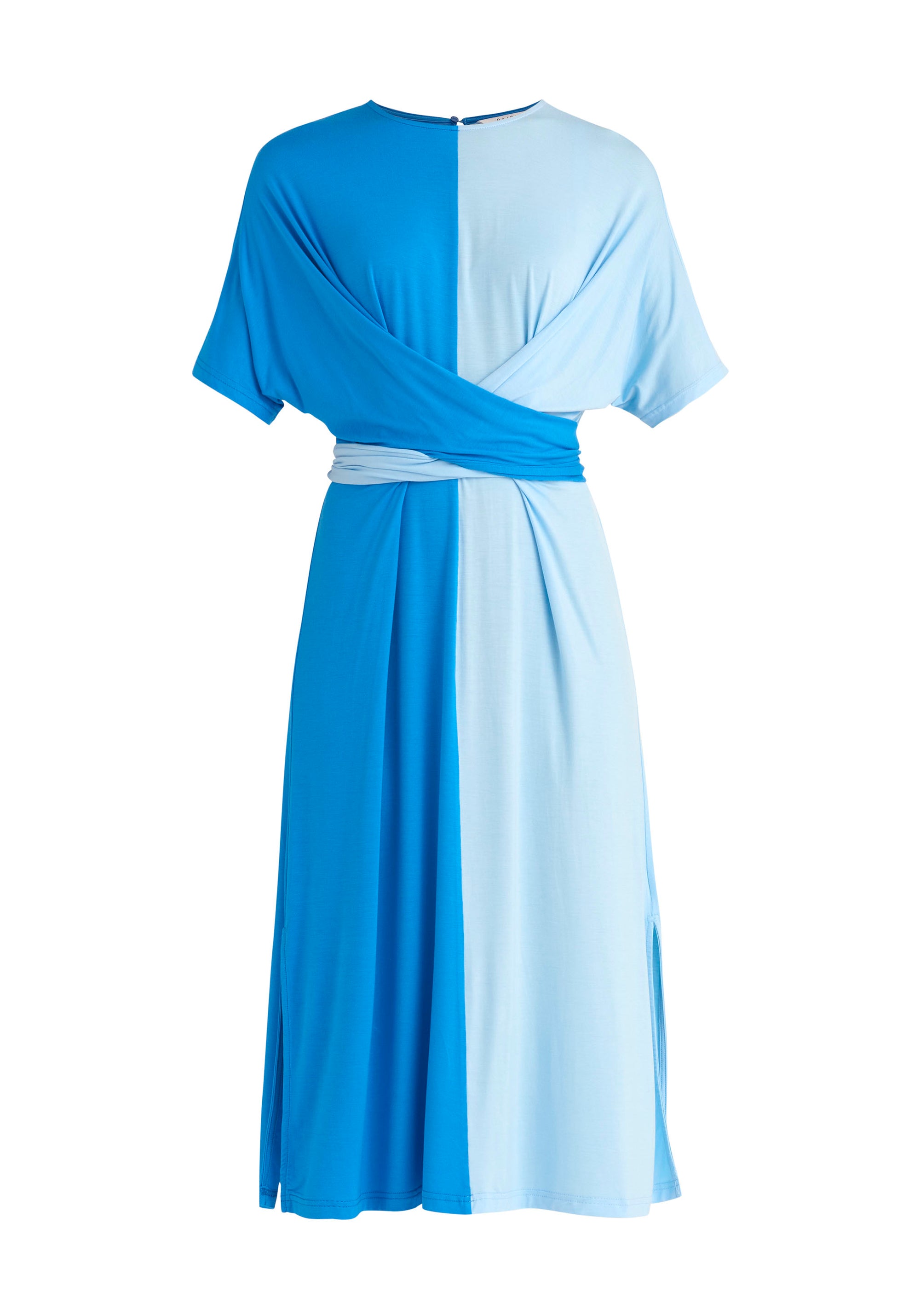 Paisie Two-Tone Wrap Top Dress in Light Blue and Blue Cut Out