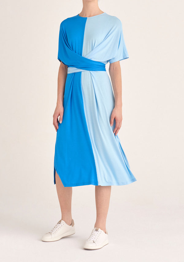 Paisie Two-Tone Wrap Top Dress in Light Blue and Blue