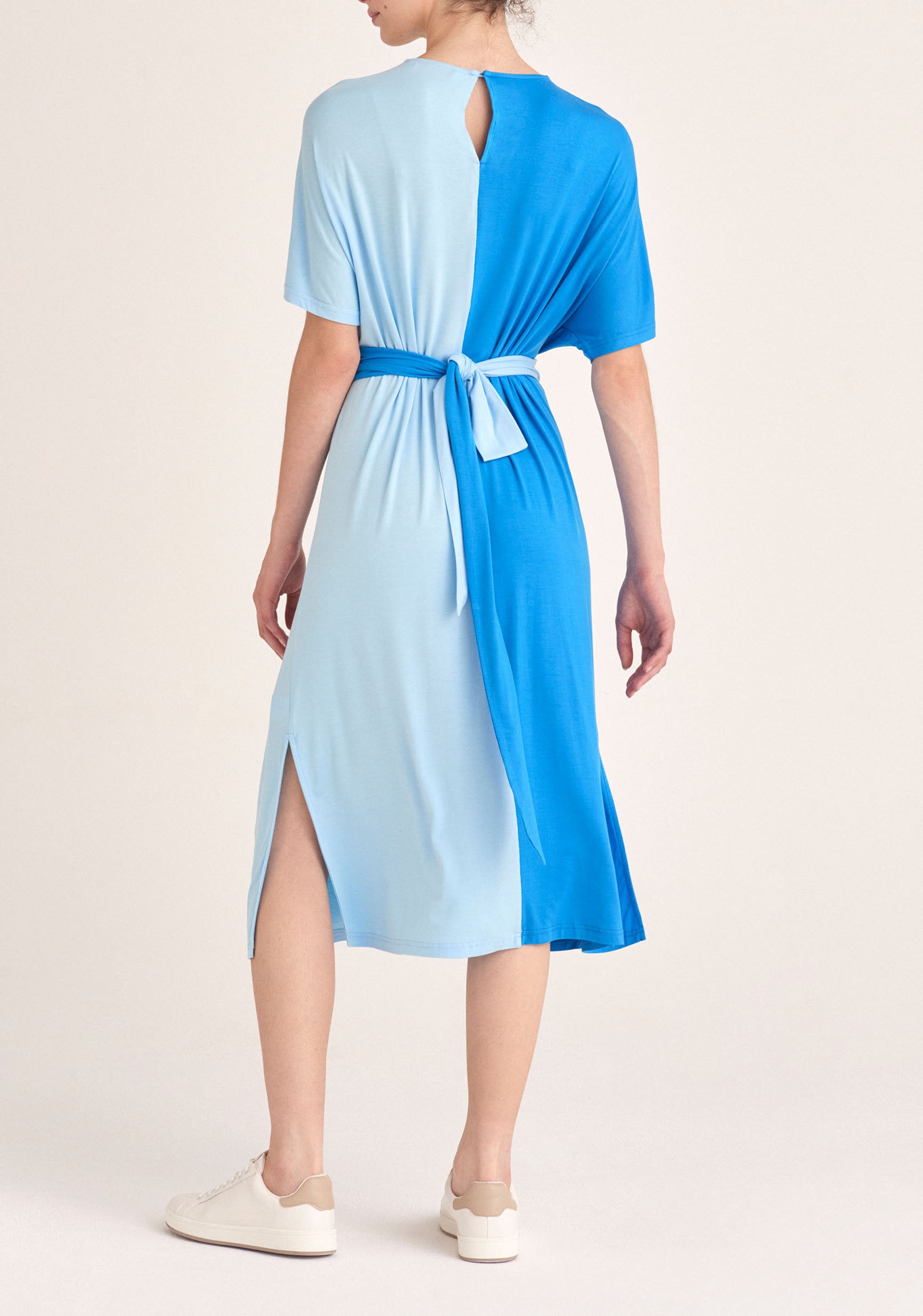 Paisie Two-Tone Wrap Top Dress in Light Blue and Blue Back