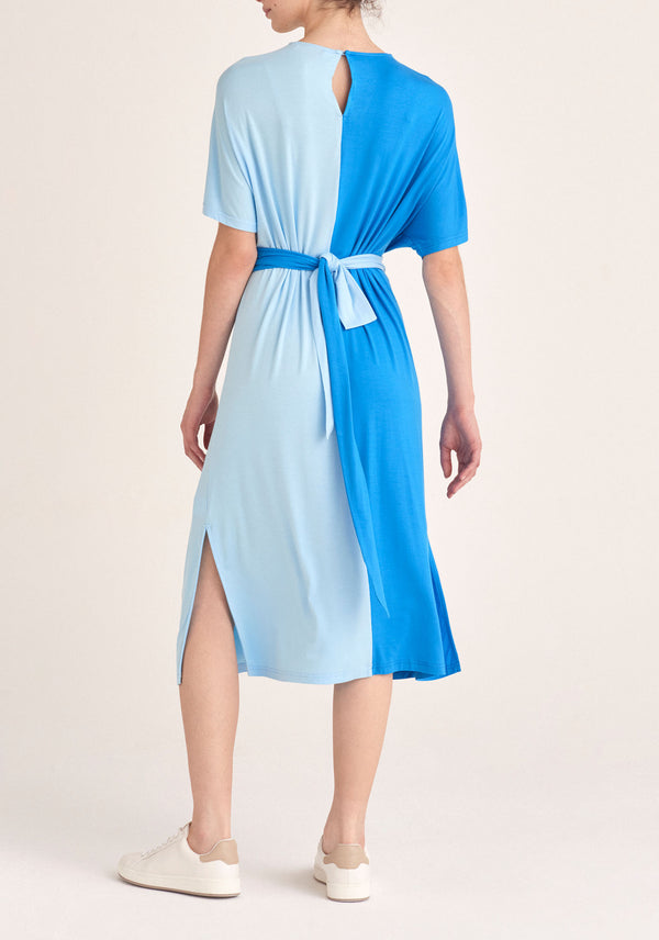 Paisie Two-Tone Wrap Top Dress in Light Blue and Blue Back