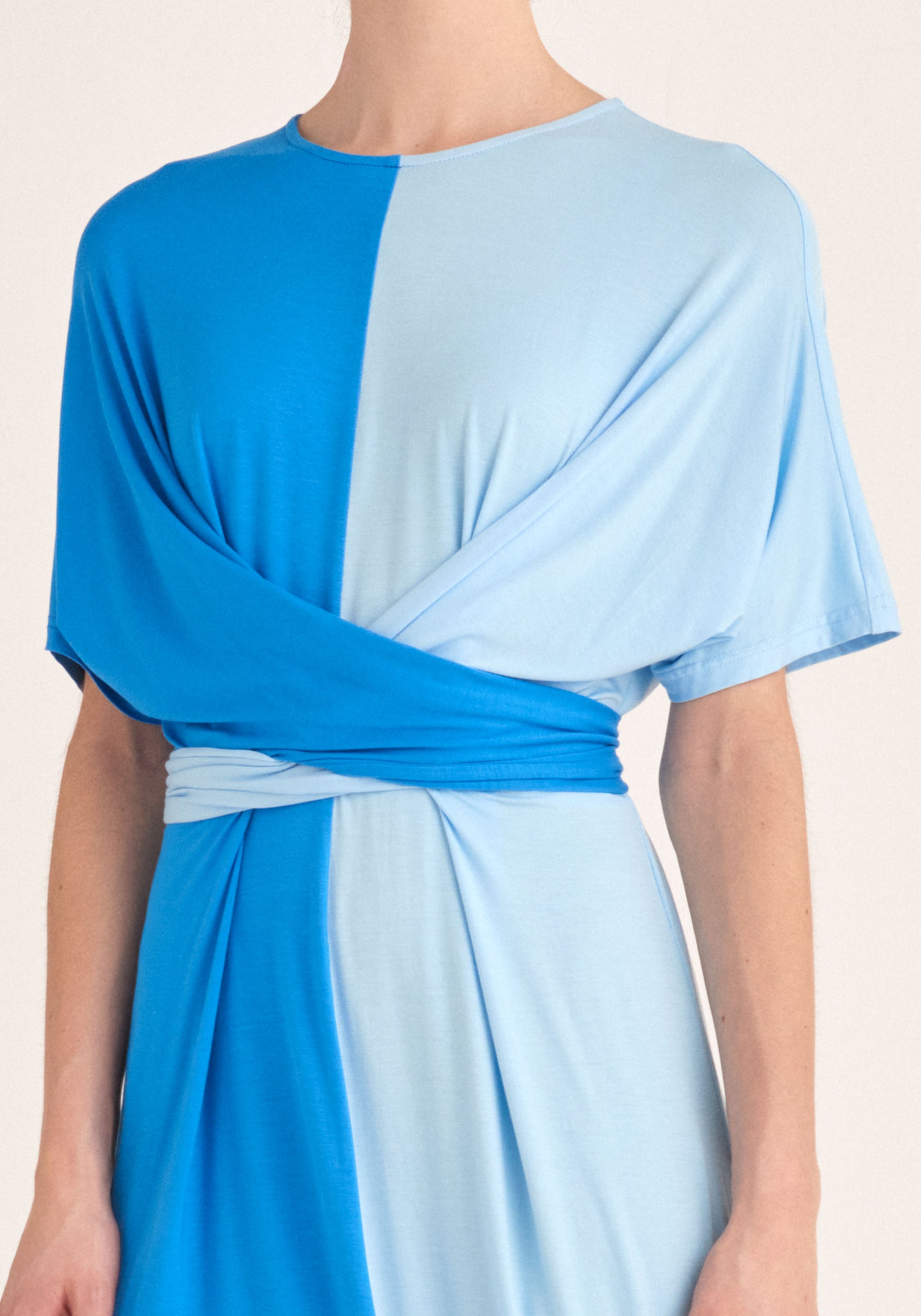 Paisie Two-Tone Wrap Top Dress in Light Blue and Blue Close Up