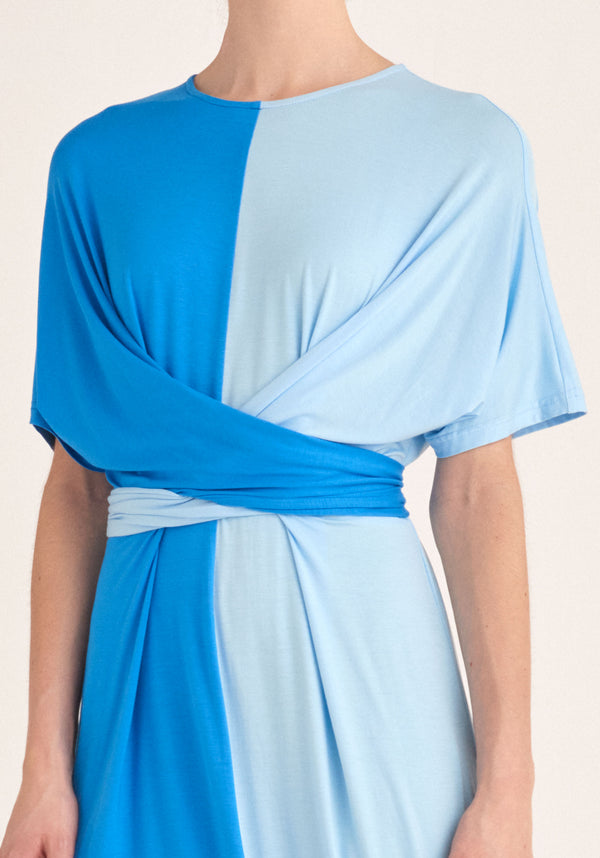 Paisie Two-Tone Wrap Top Dress in Light Blue and Blue Close Up
