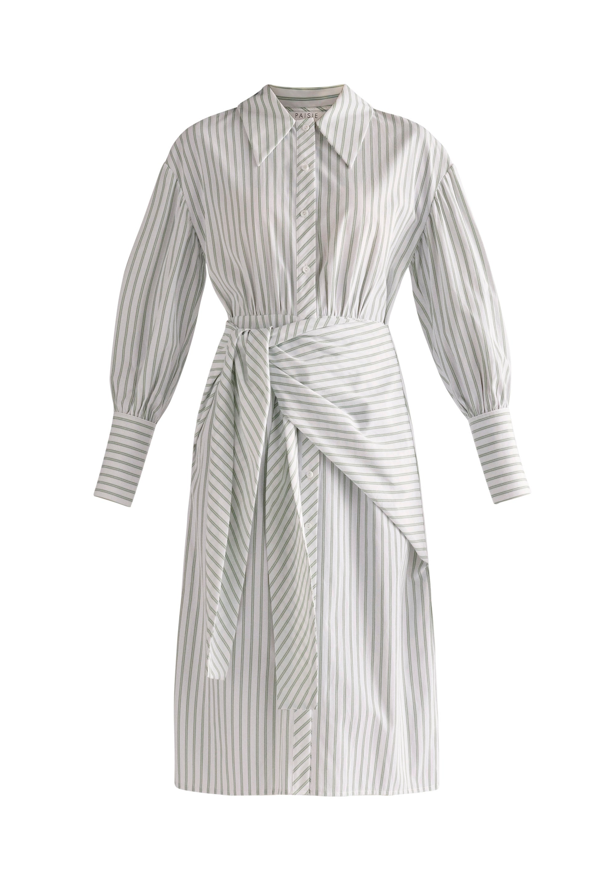 Paisie Waist Tie Striped Shirt Dress in Green Cut Out