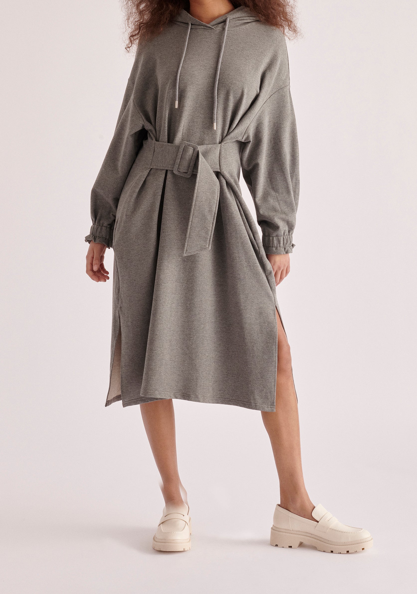 Paisie Belted Hoodie Dress in Grey