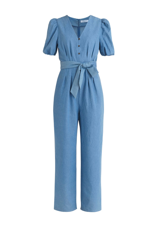 Paisie Puff Sleeve Denim Jumpsuit with Belt in Light Blue Cut Out