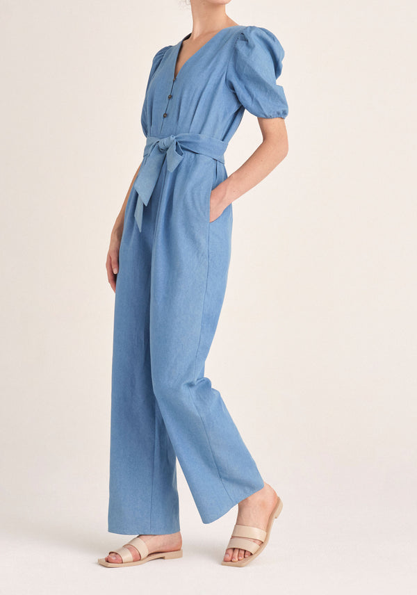 Paisie Puff Sleeve Denim Jumpsuit with Belt in Light Blue