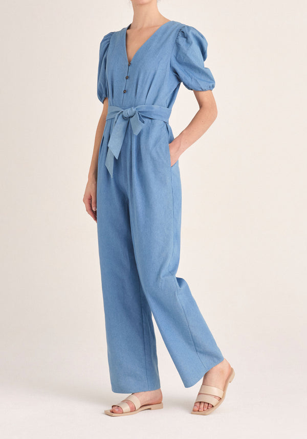 Paisie Puff Sleeve Denim Jumpsuit with Belt in Light Blue
