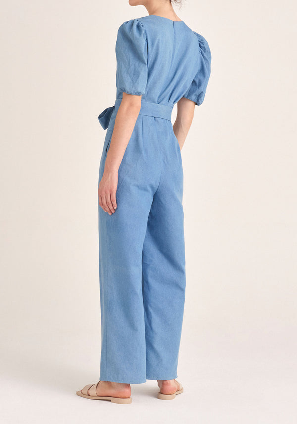 Paisie Puff Sleeve Denim Jumpsuit with Belt in Light Blue Back