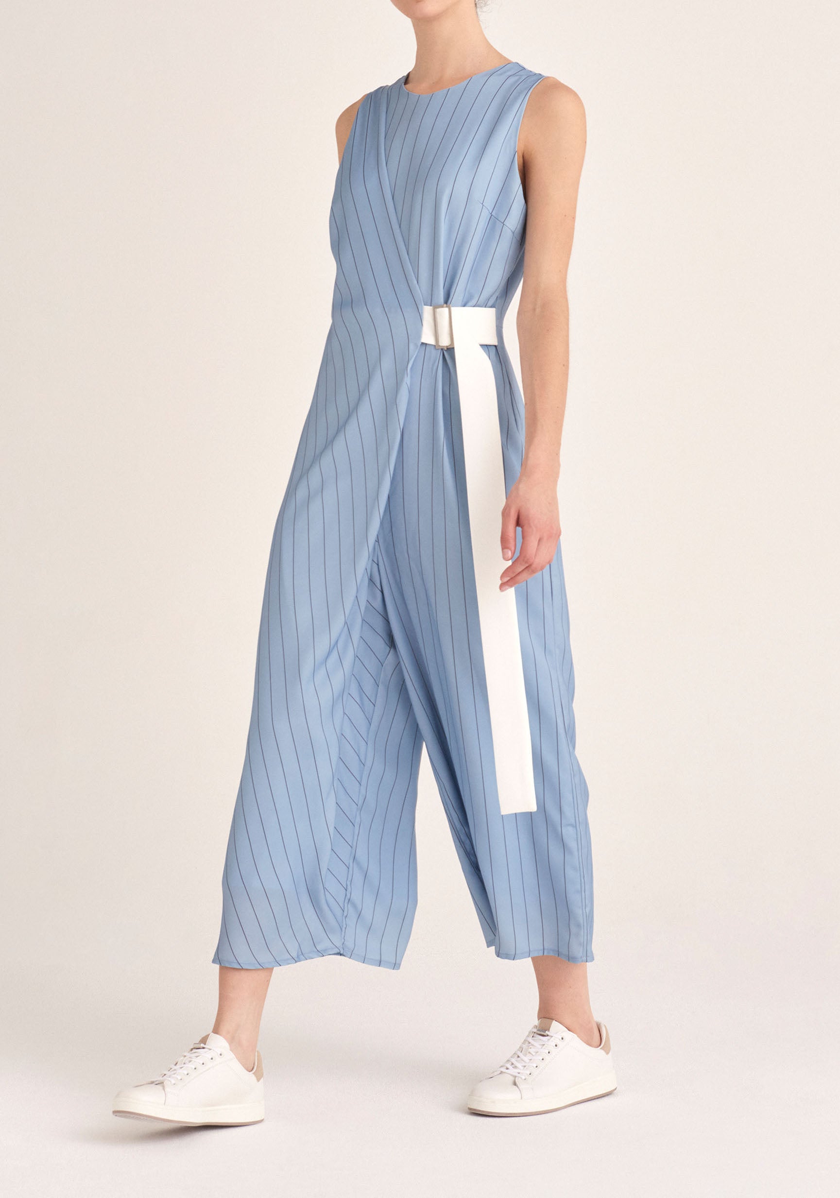Paisie Pin Stripe Wrap Jumpsuit with Belt in Blue