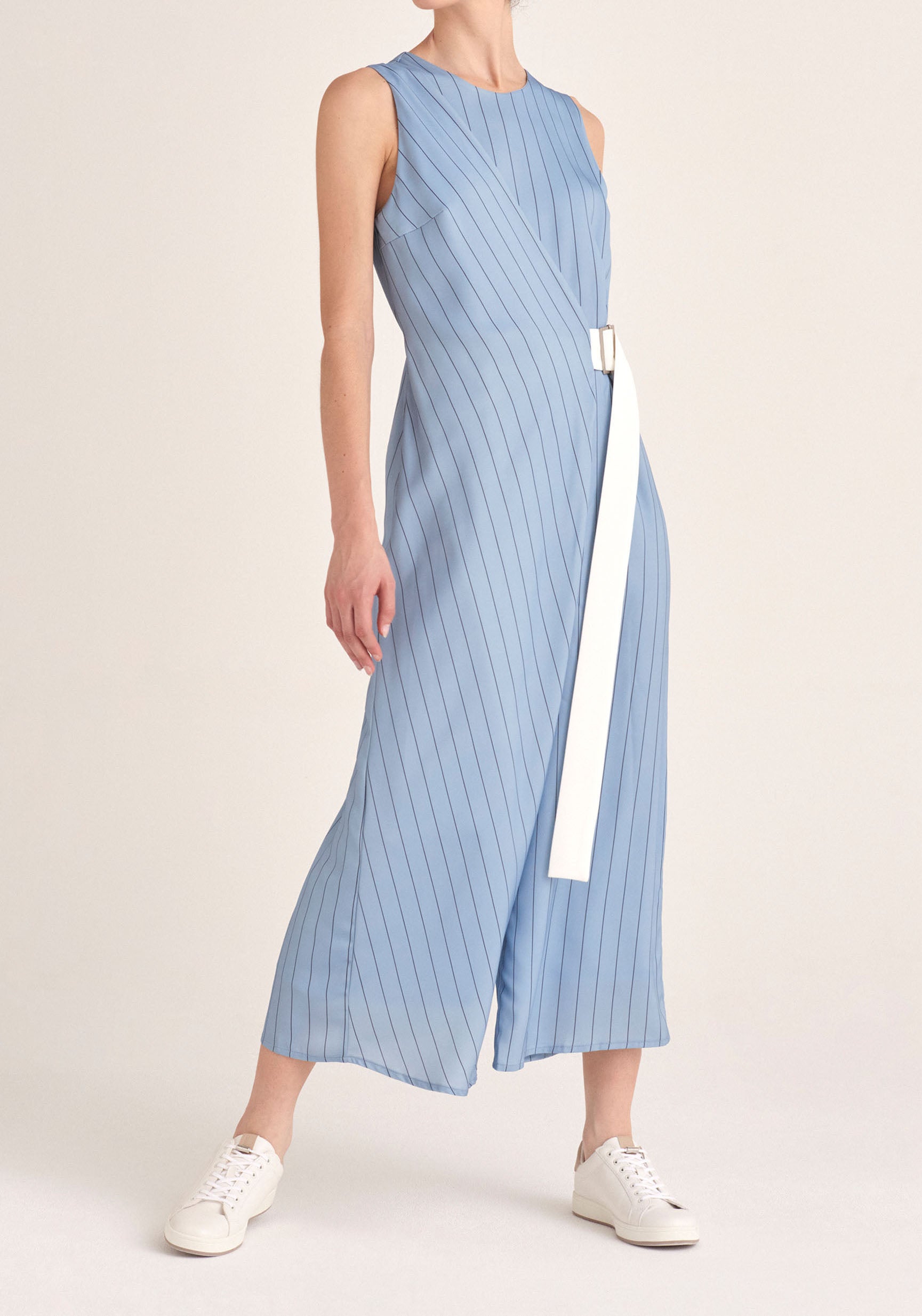 Paisie Pin Stripe Wrap Jumpsuit with Belt in Blue
