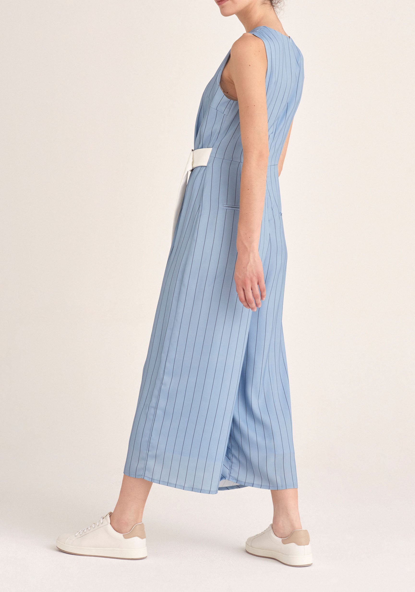 Paisie Pin Stripe Wrap Jumpsuit with Belt in Blue Back