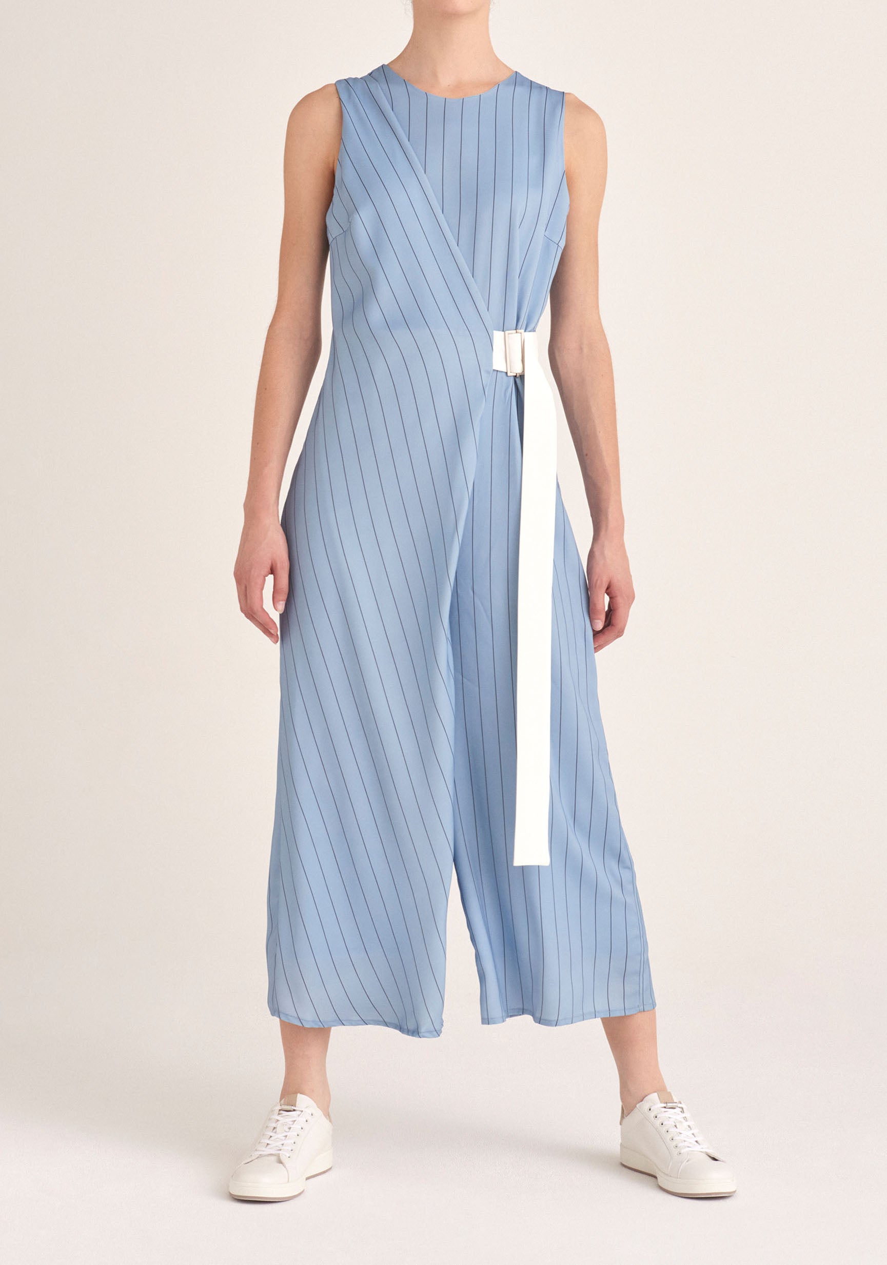 Paisie Pin Stripe Wrap Jumpsuit with Belt in Blue